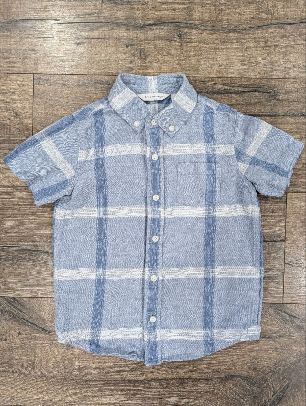 Janie & Jack 5T Linen Blue and White Plaid Short Sleeve Button Down Shirt Summer
